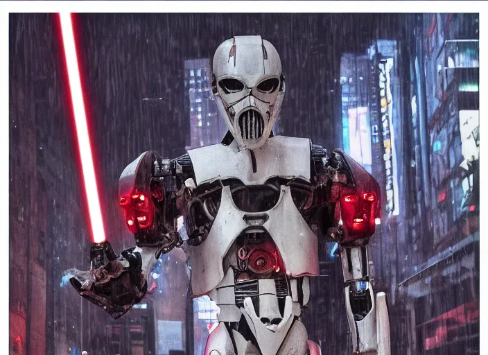 Image similar to 3 5 mm portrait photo of ( general grievous )!! with heavy duty biomechanical cybernetic body with 4 arms holding red lightsabers in the city in the rain. cyberpunk horror in the style of george lucas.