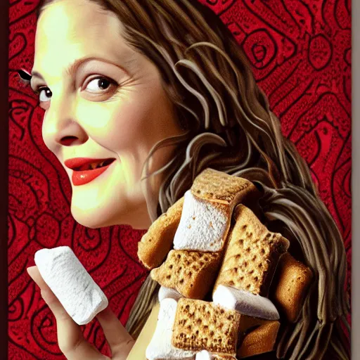 Image similar to drew barrymore in a smore, chocolate, marshmallow graham cracker, digital painting by arcimboldo