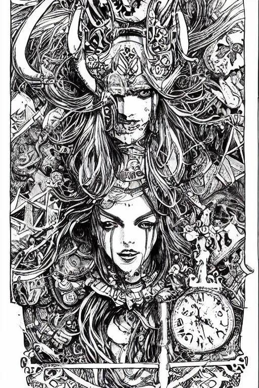 Image similar to Viking Alice in wonderland tarot card , pen and ink, intricate line drawings, by Yoshitaka Amano, Ruan Jia, Kentaro Miura, Artgerm, watercolor