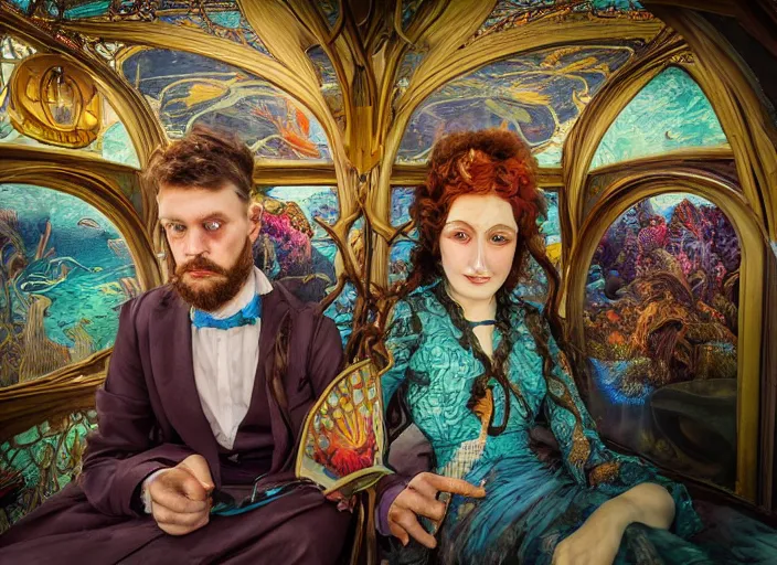 Image similar to incredibly beautiful breathtakingly detailed colour art nouveau photograph double portrait of an amazingly cool odd characterful couple sat down, in the inside of the beautiful underwater train to atlantis, full of crowds of people sat down wearing unusual clothes, each individual face amazingly detailed with lifelike expressions, ultra wide angle, 4 k