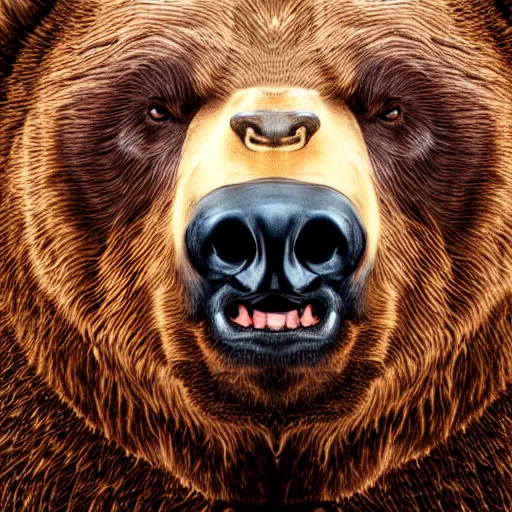 Image similar to portrait of a grizzly bear face, goofy expression, studio backdrop, hyper realistic, detailed digital painting, close up, low - key lighting, dramatic lighting, studio lighting, dark