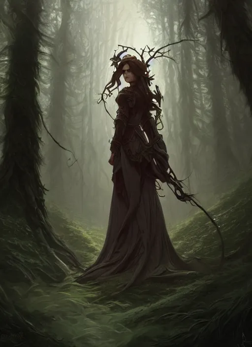 Image similar to a haunted forest, deep focus, d & d, fantasy, intricate, elegant, highly detailed, digital painting, artstation, concept art, matte, sharp focus, illustration, hearthstone, art by artgerm and greg rutkowski and alphonse mucha