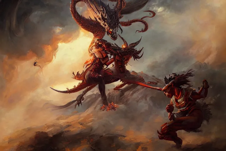 Image similar to A beautiful oil painting of Nezha fighting a Chinese dragon, by Greg Rutkowski, Boris Vallejo, epic fantasy character art, high fantasy, Exquisite detail, post-processing, low angle, masterpiece, cinematic