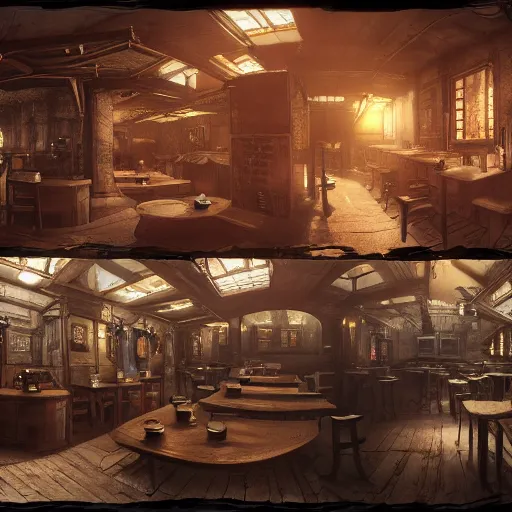 Image similar to Interior Concept design Tavern in Mixed style of Medieval and in style of Cyberpunk, Many details by Hiromasa Ogura. More cyberpunk less Medieval. Panorama 360 degrees Rendered in unreal engine 5, artstationHD, 4k, 8k, 3d render, 3d Houdini, cinema 4d, octane RTX volumetric natural light