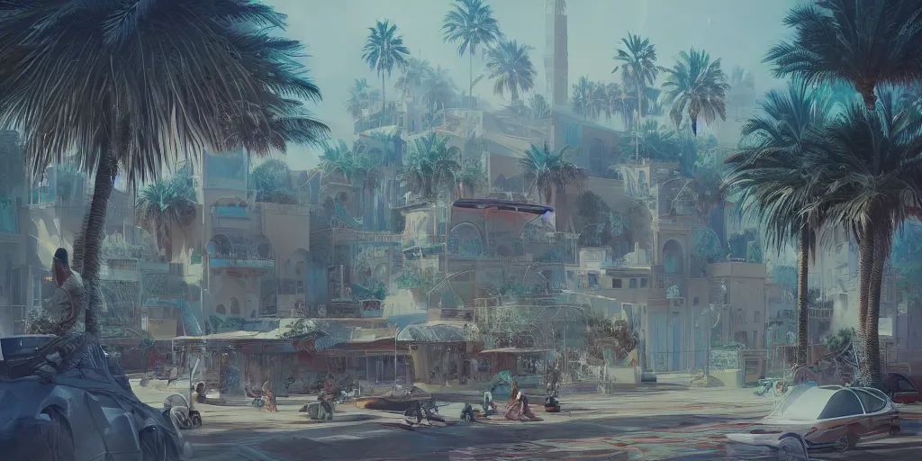 Prompt: Futuristic Marrakech, palm trees, Flying vehicles ,Moroccan mosque ,WLOP, James Jean, tom bagshaw, rococo, trending on artstation, fantasy, intricate, elegant, highly detailed, digital painting, concept art, smooth, illustration, cinematic lighting, hyper realism, octane render, 8k, hyper detailed.