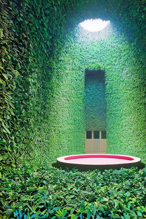 Image similar to colorful James Turrell interiors , overgrown by kudzu vines