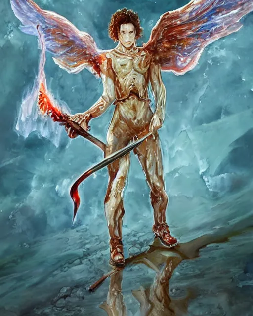 Image similar to a oil / watercolor painting full body character portrait of a fallen angel wielding a jagged firey sword made of ice in the style of moebius in the style of leonard boyarsky trending on artstation deviantart pinterest detailed photorealistic highlights and shadow hd 8 k post - processing high resolution