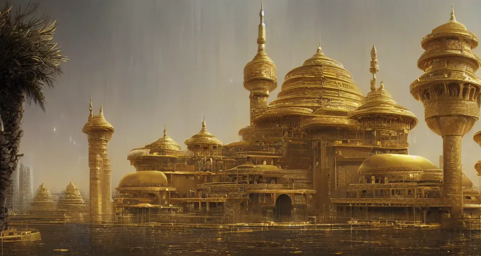 Image similar to a futuristic cyberpunk golden palace with arabian architecture by Lee Madgwick