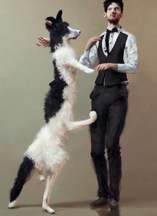 Prompt: wide shot painting of a male anthropomorphic border collie fursona dancing with a cute female anthropomorphic sheep fursona in a ballroom, beautiful, intricate, elegant, realistic proportions, highly detailed, scenic background, trending on artstation, art by charlie bowater and henry asencio and and ross tran