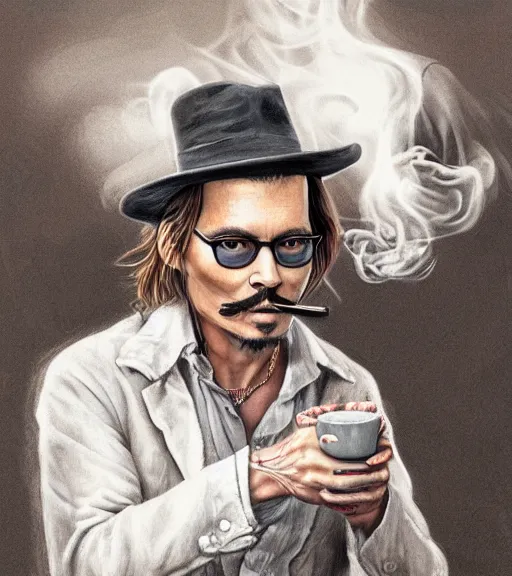 Image similar to Portrait of Johny Depp drinking coffee, in the park, charchoal drawing, dimly lit, wispy smoke, intricate, highly detailed, digital painting, artstation, concept art, sharp focus, illustration, art by einar jonsson