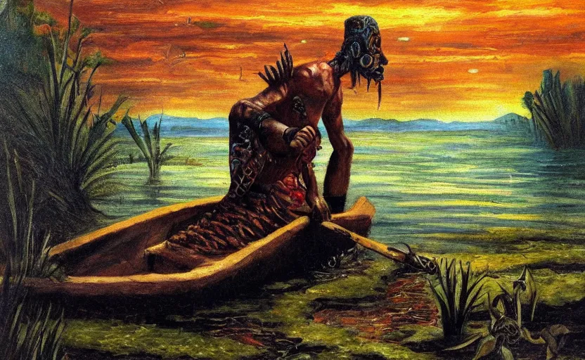 Image similar to an aztec cultist on a boat in the swamp in the style of romanticism, oil painting