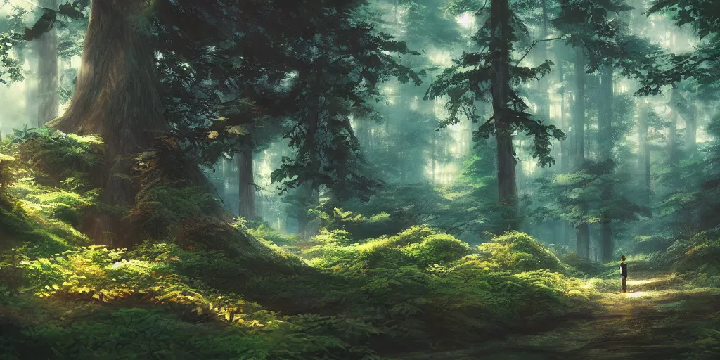 Prompt: a forest, cinematic angle, studio Ghibli, volumetric lighting, beautiful composition, intricate, elegant, digital art, detailed, oil painting, hyperrealistic, sharp focus, 8k