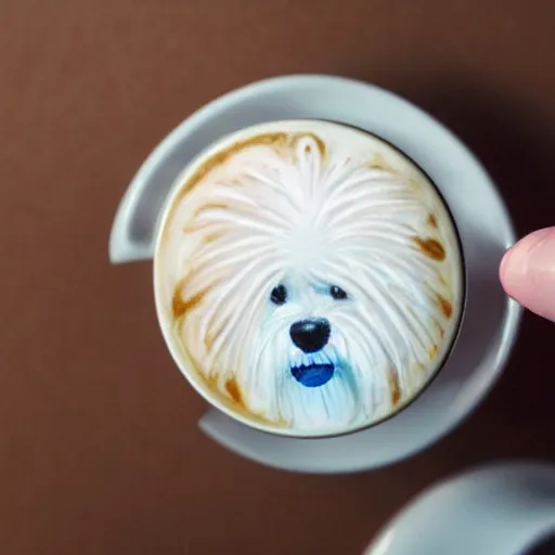 Image similar to a closeup photorealistic photograph of barista drawing bichon frise shaped latte art in a cup. professional capture, well lit shot. this 4 k hd image is trending on artstation, featured on behance, well - rendered, extra crisp, features intricate detail, epic composition and the style of unreal engine.