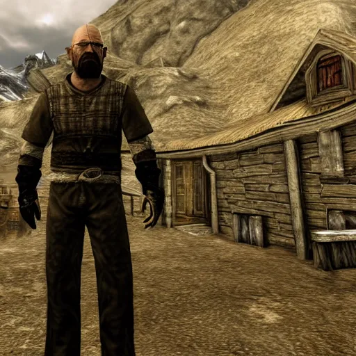 Image similar to walter white visits whiterun skyrim, dark brotherhood, highly detailed, realistic, business suit, nord, elder scrolls, adventuring gear