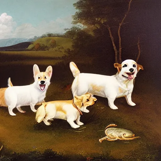 Image similar to oil painting by george stubbs of a brown and white corgi dog, a black, brown and white corgi dog, and a giant squid playing happily together in a meadow.