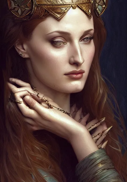 Image similar to sansa angeline jolie gessica chastain mummy, intricate, elegant, highly detailed, digital painting, artstation, concept art, smooth, sharp focus, illustration, art by artgerm and greg rutkowski and alphonse mucha and william - adolphe bouguereau