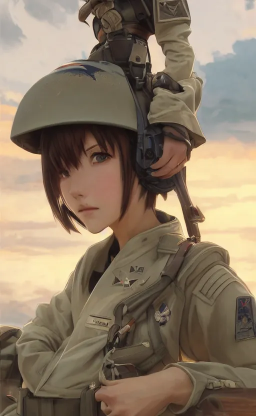 Prompt: panoramic view, a pilot girl, soldier clothing, battlefield in background, anime style, hair down, symmetrical facial features, realistic hands, from arknights, hyper realistic, 4 k, extreme detail, 1 0 1 st airborne, trending artstation, safebooru, realistic lighting, by alphonse mucha, greg rutkowski, sharp focus