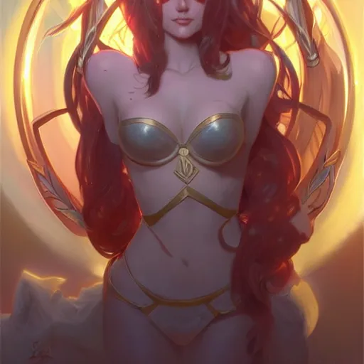 Image similar to portrait of lux from league of legends, art by artgerm and greg rutkowski, alphonse mucha, cgsociety