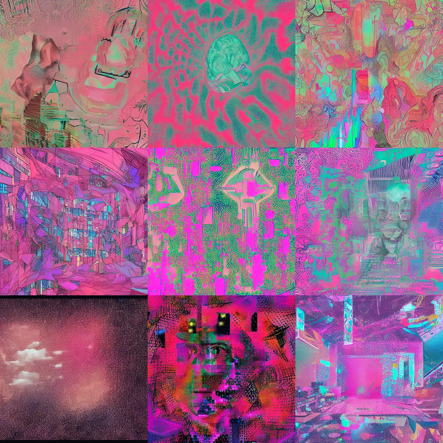 Prompt: weird art piece, digital painting, vaporwave, haphazardly layered scenes, ai assisted digital painting, superintelligent shade of pink ; such tiny and intricate patterns