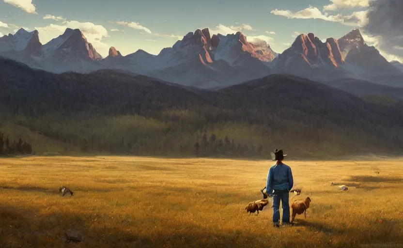 Prompt: handsome cowboy wearing blue jeans and a Levis sherpa jacket in a ranch somewhere in Montana walking during the soft evening light with mountains in the horizon, trending on artstation, 8k, highly detailed, warm lighting, concept art, illustration, art by artgerm and greg rutkowski and alphonse mucha