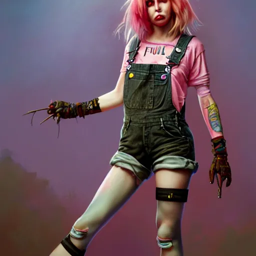 Image similar to full body pose, grungy alice, torn overalls, short shorts, combat boots, fishnets, beautiful, highly detailed face, true anatomy!, extremely detailed!, digital painting, unreal engine 5, art by tom bagshaw