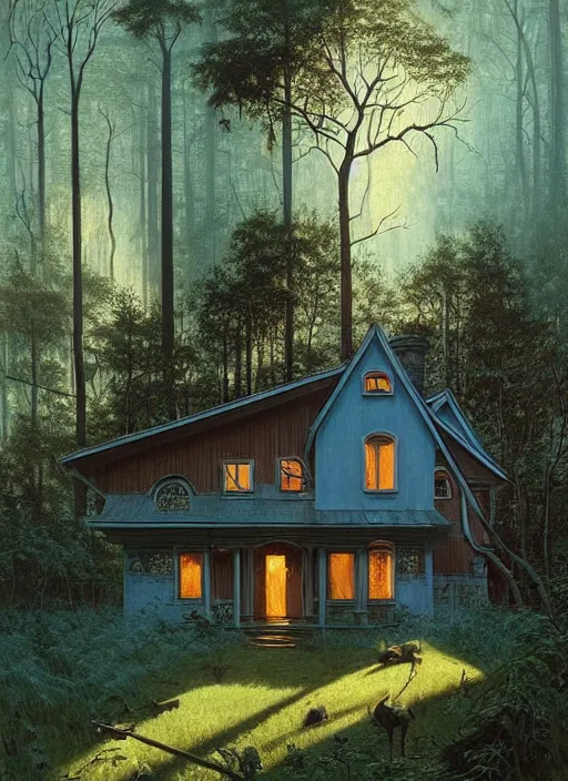 Image similar to hyper realistic witchy modern house with mood lighting and tech in the woods gorgeous lighting, sunbeams blue sky, highly detailed, lush forest foliage painting by zdzisław beksinski and norman rockwell and greg rutkowski weta studio, and lucasfilm