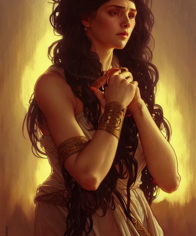 Prompt: portrait of biblical delilah holding a lock of hair and medieval shear scissors, intricate, headshot, highly detailed, digital painting, artstation, concept art, sharp focus, cinematic lighting, illustration, art by artgerm and greg rutkowski, alphonse mucha, cgsociety