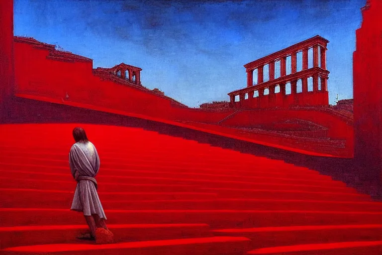 Image similar to only with red, a red great emperor, taormina amphitheatre, expressive crowd hails him, in the style of beksinski, parts by edward hopper, parts by rodcenko, parts by yue minjun, intricate and epic composition, red by caravaggio, insanely quality, highly detailed, masterpiece, red light, artstation, 4 k