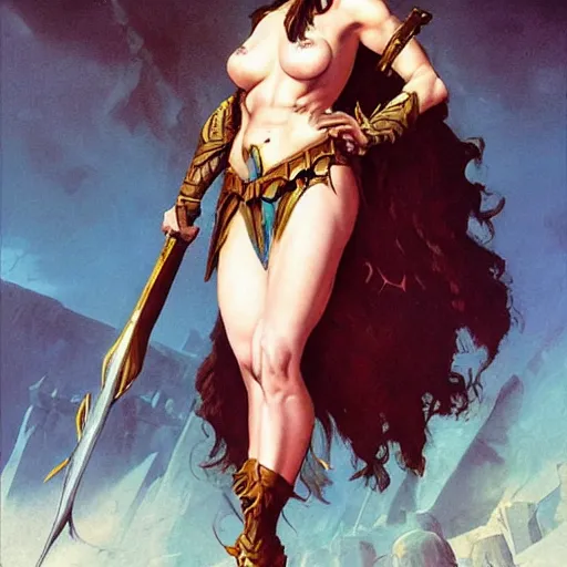 Image similar to Ann Hathaway as a Barbarian princess in a castle, Frank Frazetta, digital art, artstation, joe Jusko