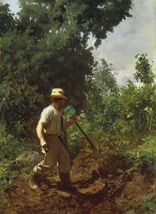 Prompt: artwork painting of a lush environment, a man is digging a grave, by eugene von guerard, ivan shishkin, john singer sargent