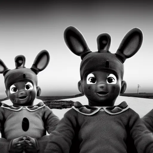 Image similar to black and white distorted Teletubbies with wide open human realistic eyes, highly detailed, sharp focus, octane render