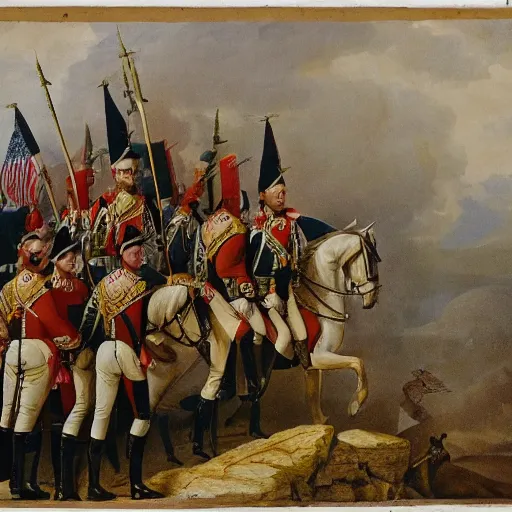 Prompt: napoleon standing on top of a cliff with an army marching next to him.