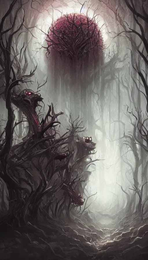 Image similar to a storm vortex made of many demonic eyes and teeth over a forest, by charlie bowater