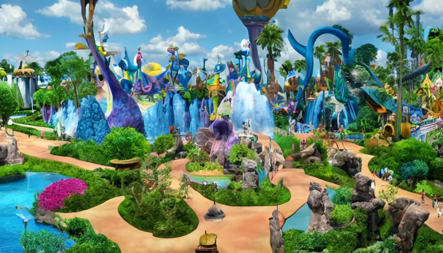 Image similar to disney world, it ’ s a small world ride landscape, kidney shaped swimming pools, unreal engine, realistic shading, realistic render, octane render, detailed textures, photorealistic, wide shot