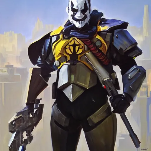 Image similar to greg manchess portrait painting of armored joker as overwatch character, medium shot, asymmetrical, profile picture, organic painting, sunny day, matte painting, bold shapes, hard edges, street art, trending on artstation, by huang guangjian and gil elvgren and sachin teng