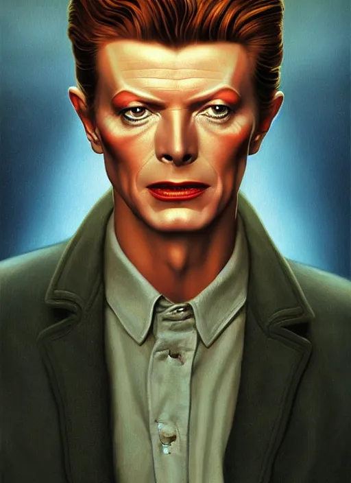 Image similar to twin peaks poster art, portrait of david bowie split half in darkness, by michael whelan, rossetti bouguereau, artgerm, retro, nostalgic, old fashioned