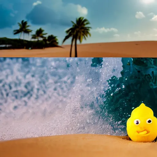 Image similar to 5 0 mm photograph, of a real anthropomorphic lemon character, with lemon skin texture, it is wearing a hat and scuba diving, building a sandcastle on the beach at sunset, beach, huge waves, sun, clouds, tropical trees, rim light, cinematic photography, professional, sand, sandcastle, volumetric lightening