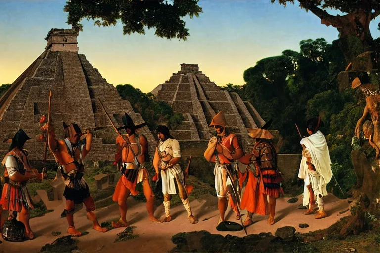 Image similar to painting of a spanish conquistadors at the aztec pyramids, jungle, sunset, chill, romantic, by ludwig deutsch and maxfield parrish, patterned tilework, extremely detailed, cinematic lighting, smooth sharp focus