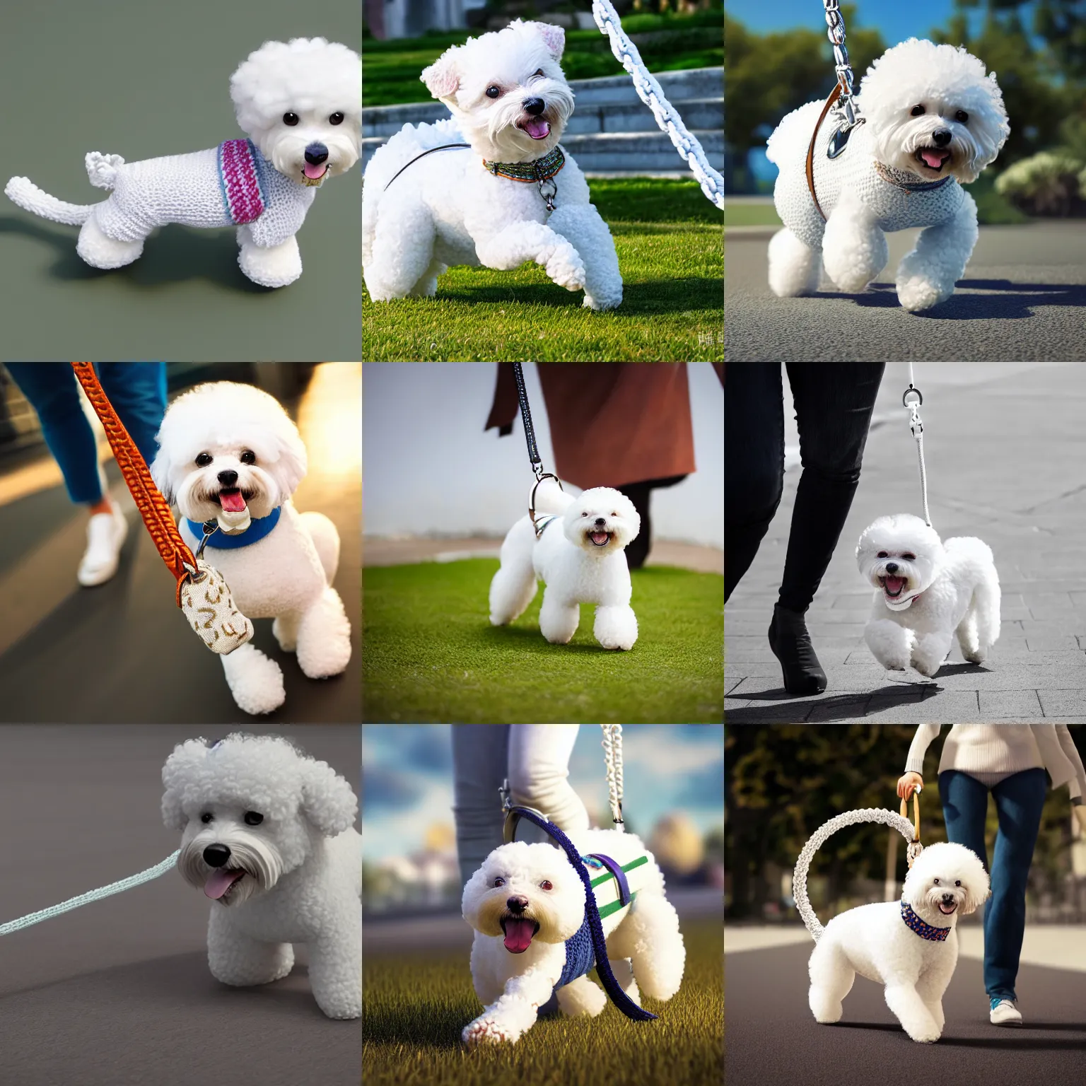 Prompt: a closeup photorealistic photograph of a cute smiling knitted white bichon dragging a leash with hermes handbag stuck to it. professional capture, well lit shot. this 4 k hd image is trending on artstation, featured on behance, well - rendered, extra crisp, features intricate detail, epic composition and the style of unreal engine.