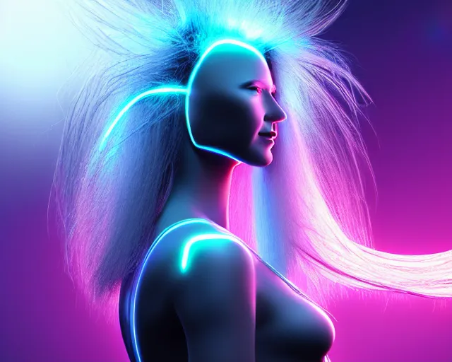 Image similar to glowing hair, complex cybernetic beings, beautiful hairy humanoids, cybermagnetosphere, cybernetic civilizations, ornate hair, love, joy, vortexes, large arrays, data holograms, 8 k, cinematic light shadows, wet hdr refractions, *, * * *, * * * * *