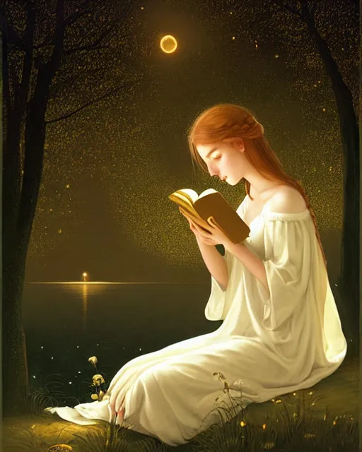 Image similar to girl in white nightgown reading a book by the river, a full moon on the horizon, dark starry sky, dreamy fantasy ambience with golden orbs and fireflies, detailed gothic illustration bright moon light, by edmund blair leighton, brom, charlie bowater, face by otto schmidt