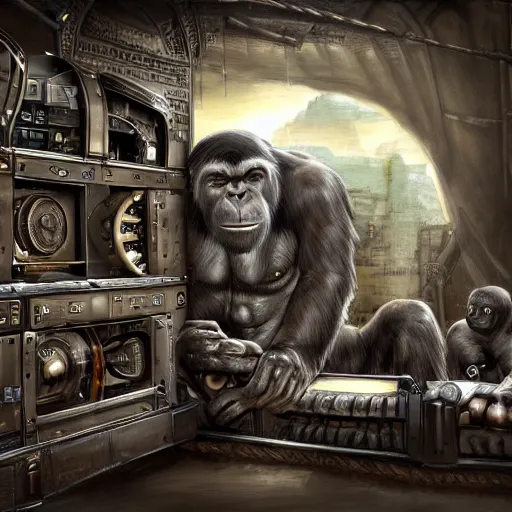 Image similar to Steam computer in ancient time surrounded by apes, highly detailed, highly realistic, artstation, by Hans Giger