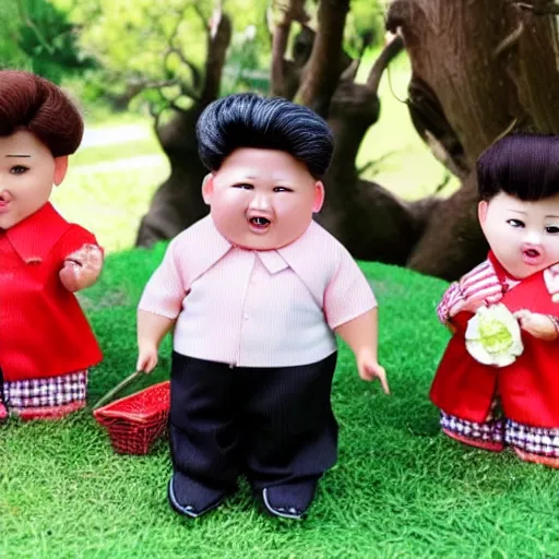 Prompt: screaming kim jong un doll having a lovely picnic with bts boy band