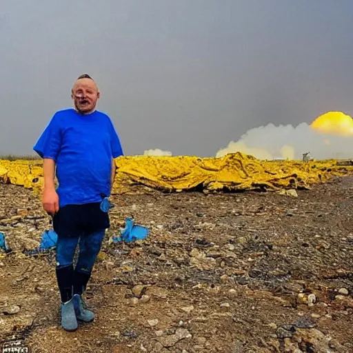 Image similar to last selfie of frightened funny damaged to bones ukrainian in dirty yellow and blue rags, big nuclear explosion at background