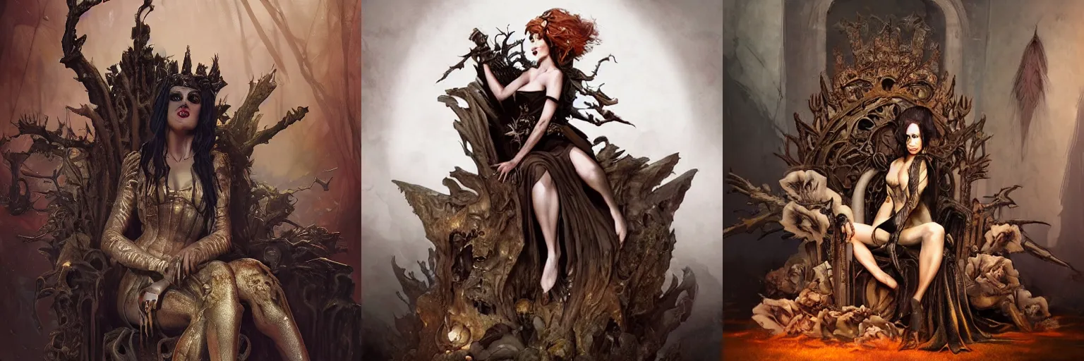 Prompt: Candid picture of the dark fantasy Queen of Decay and Desolation, sitting on her throne of re-life, concept art, artstation, dramatic lighting, award winning illustration by J. C. Leyendecker, Edmund Blair and Charlie Bowater and Ruan Jia and Mandy Jurgens and Artgerm and Wayne Barlowe and Greg Rutkowski and Zdislav Beksinski