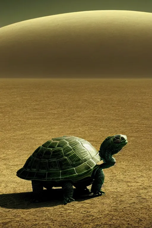 Image similar to an alien tortoise cralling through a strange desert world by roger deakins from the future in the style of dali. large black alien eyes and green and grey body. masterpiece. cinematic still award - winning vfx cgi. melancholic scene infected by night. perfect composition and lighting. sharp focus. high contrast color lush surrealistic photorealism desert scenery.