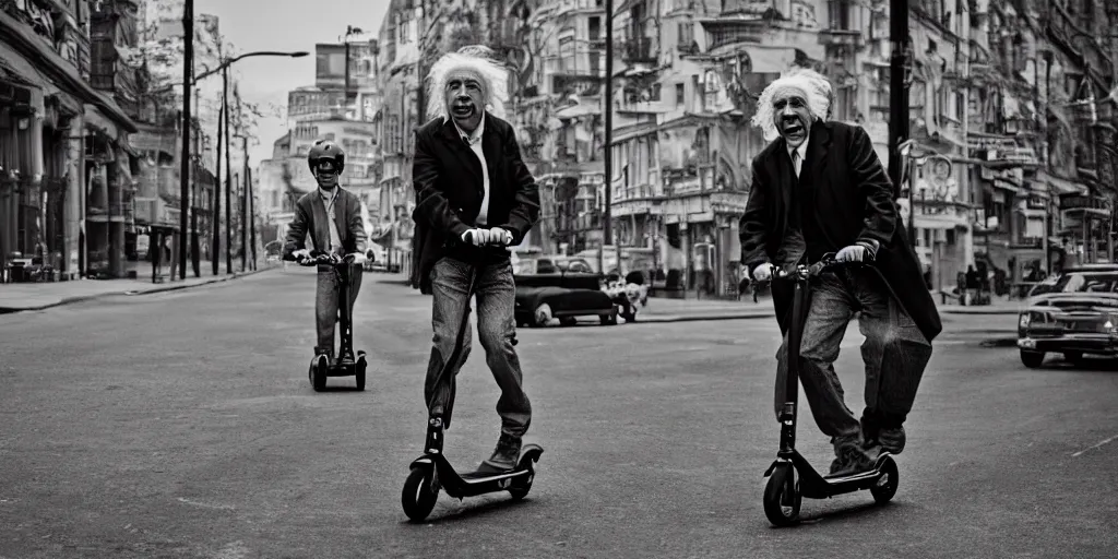 Prompt: Albert Einstein rides an electric scooter with his tongue out, moody, beautiful composition, hyper detailed, insane details 8K