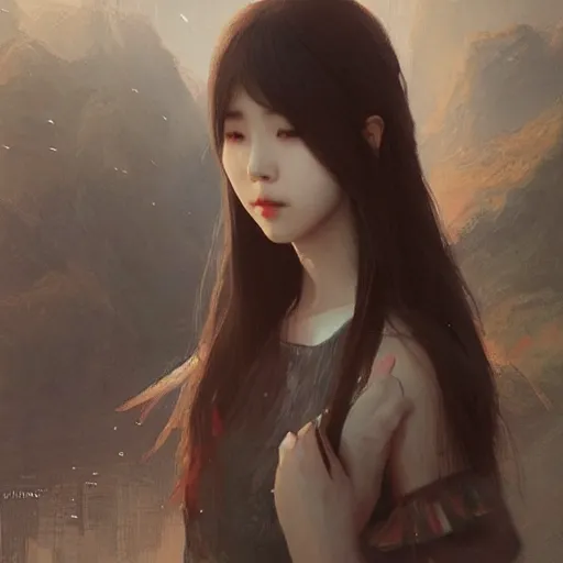 Image similar to IU, Korean Idol, Korean Artist, very detailed, digital art, concept art, studio quality, ethereal, art style by Greg Rutkowski