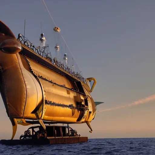 Image similar to Colour photo of steampunk airship flying across the Atlantic Ocean