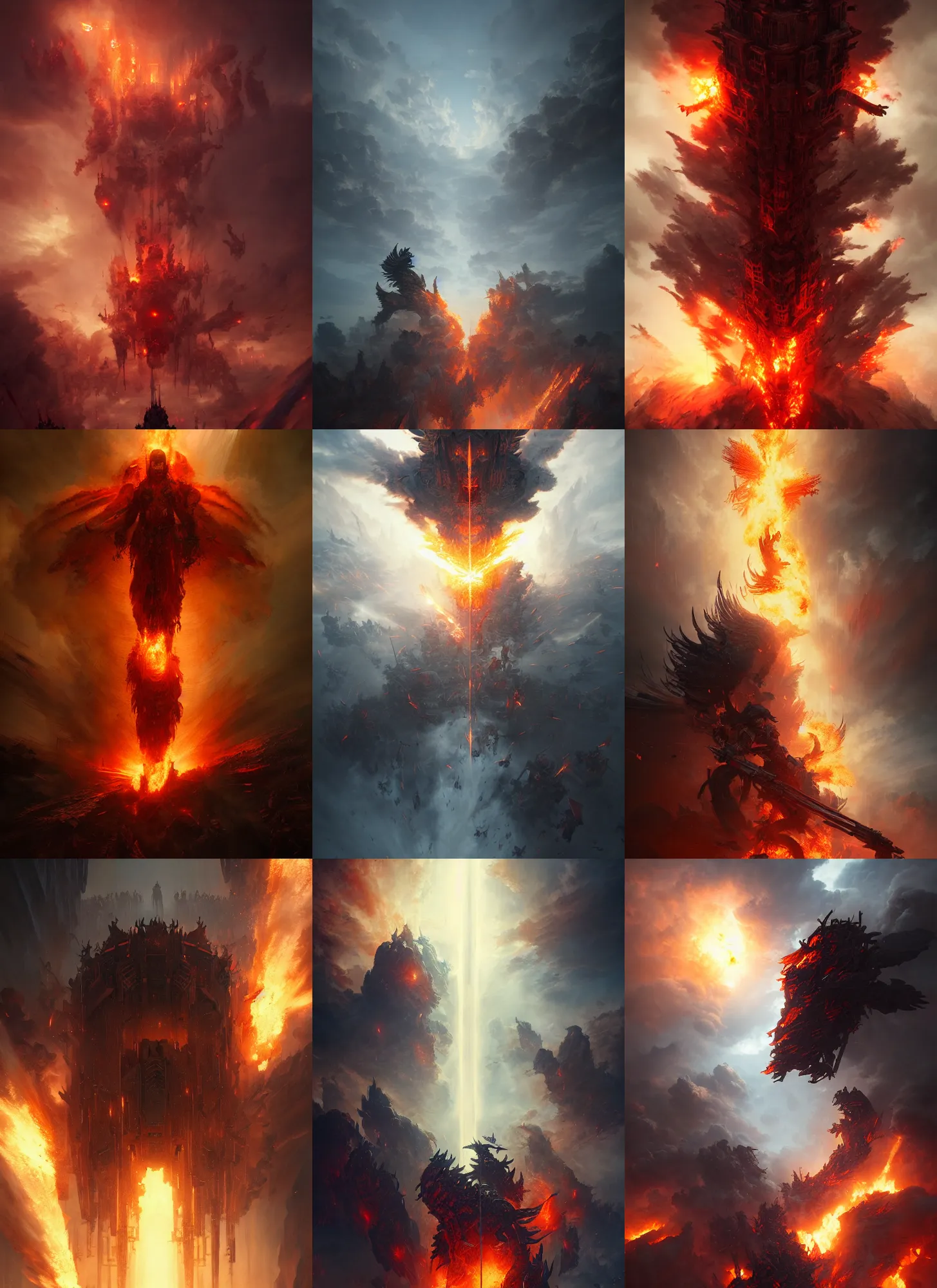 Prompt: vertical war between heaven and hell, epic, cinematic, brutal by greg rutkowski and huifeng huang, high key lighting, burn, volumetric light, digital art, detailed, intricate